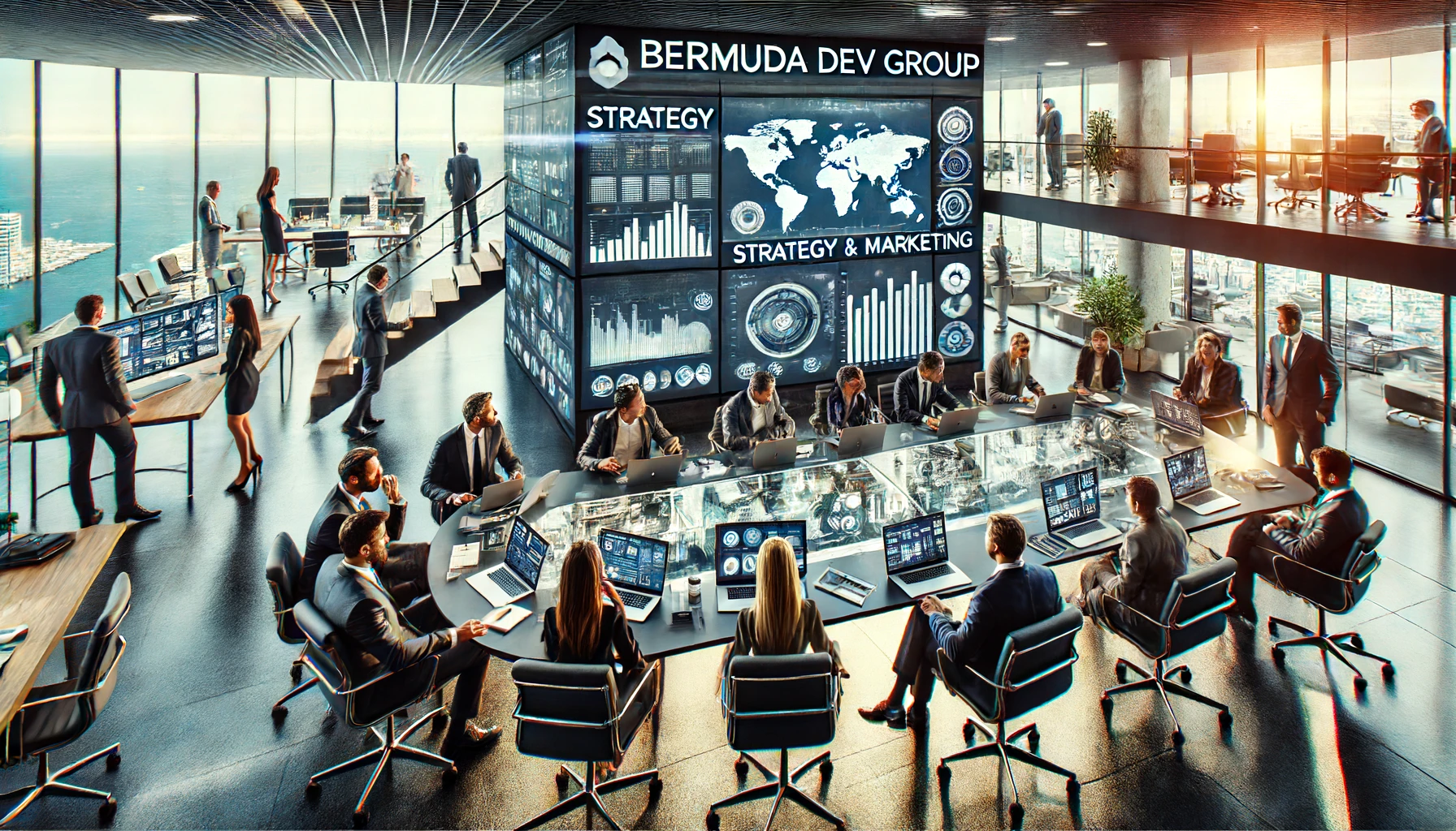 A hyper-realistic image of professionals at BERMUDA DEV GROUP working on strategy and marketing in a modern office, engaged in market analysis and brand positioning.