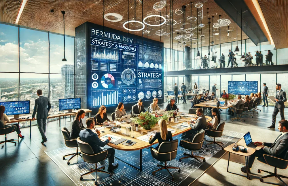 A hyper-realistic image of BERMUDA DEV GROUP professionals working on strategic marketing in a modern office with floor-to-ceiling windows and advanced technology.