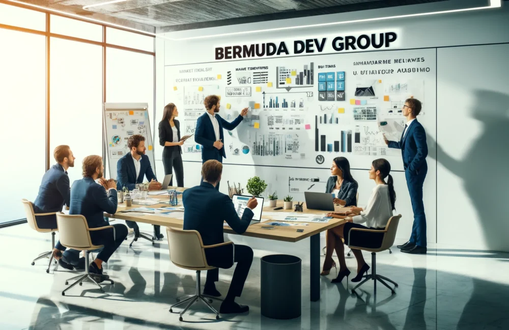 A group of BERMUDA DEV GROUP business consultants collaborating in a bright, modern office, with whiteboards, charts, and sticky notes visible.