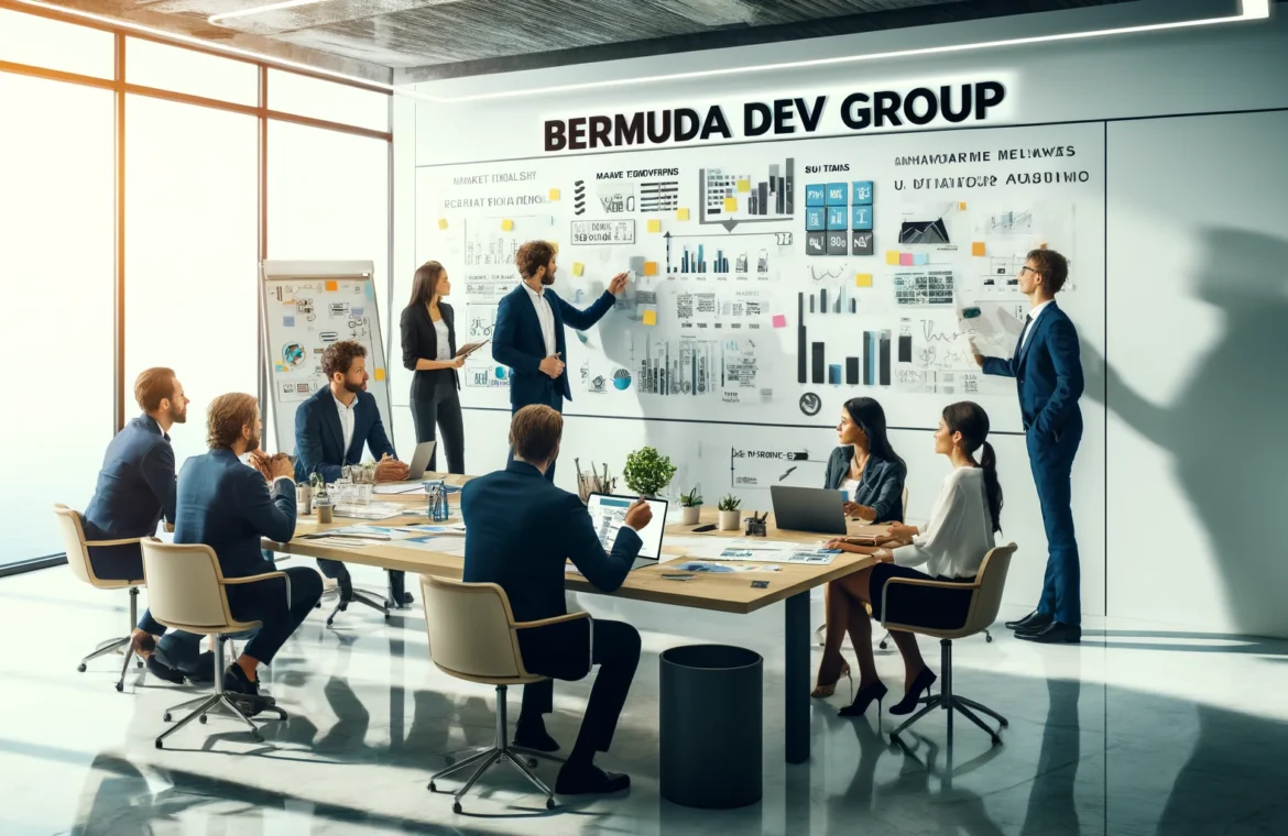 A group of BERMUDA DEV GROUP business consultants collaborating in a bright, modern office, with whiteboards, charts, and sticky notes visible.