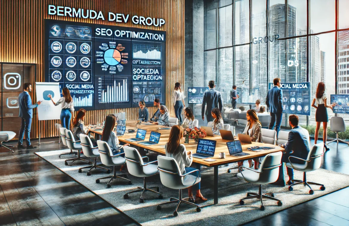 A highly realistic image of professionals at BERMUDA DEV GROUP collaborating on digital strategies in a modern office with high-resolution computer screens, charts, and graphs.