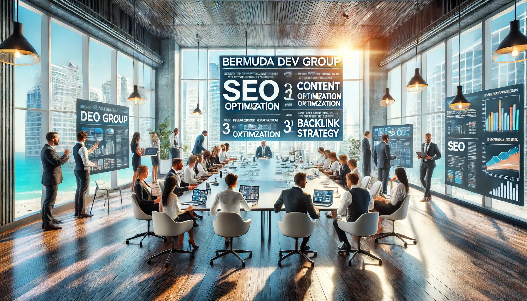 A hyper-realistic image of professionals at BERMUDA DEV GROUP working on SEO optimization in a modern office, engaged in keyword research and content optimization.