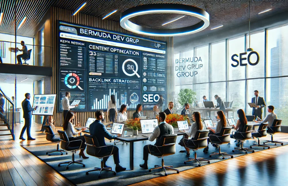 A hyper-realistic image of BERMUDA DEV GROUP professionals working on SEO strategies in a modern office with floor-to-ceiling windows and advanced technology.