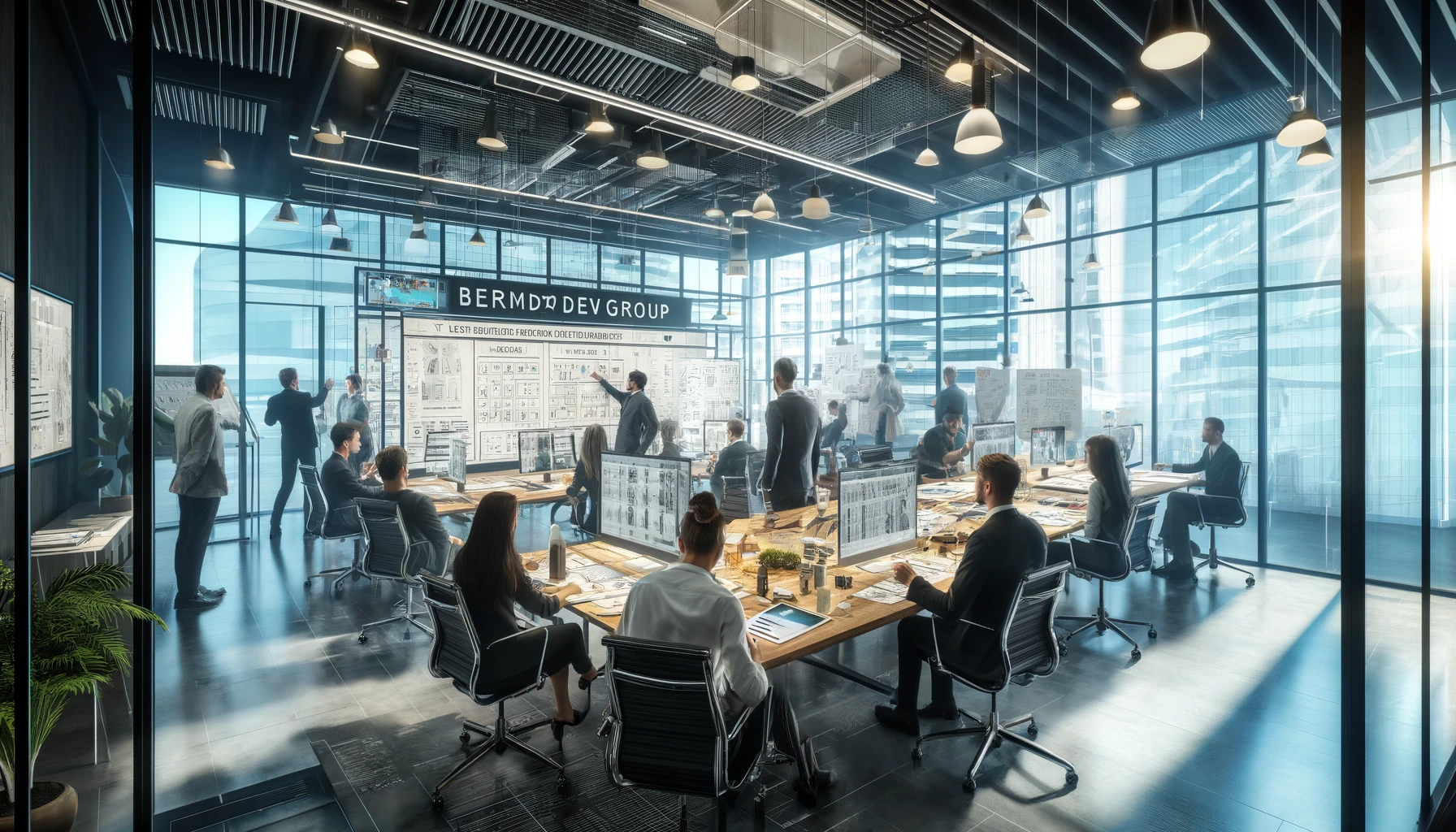 A hyper-realistic image of professionals at BERMUDA DEV GROUP working on UX/UI design in a modern office, engaged in user research, wireframing, and prototyping.