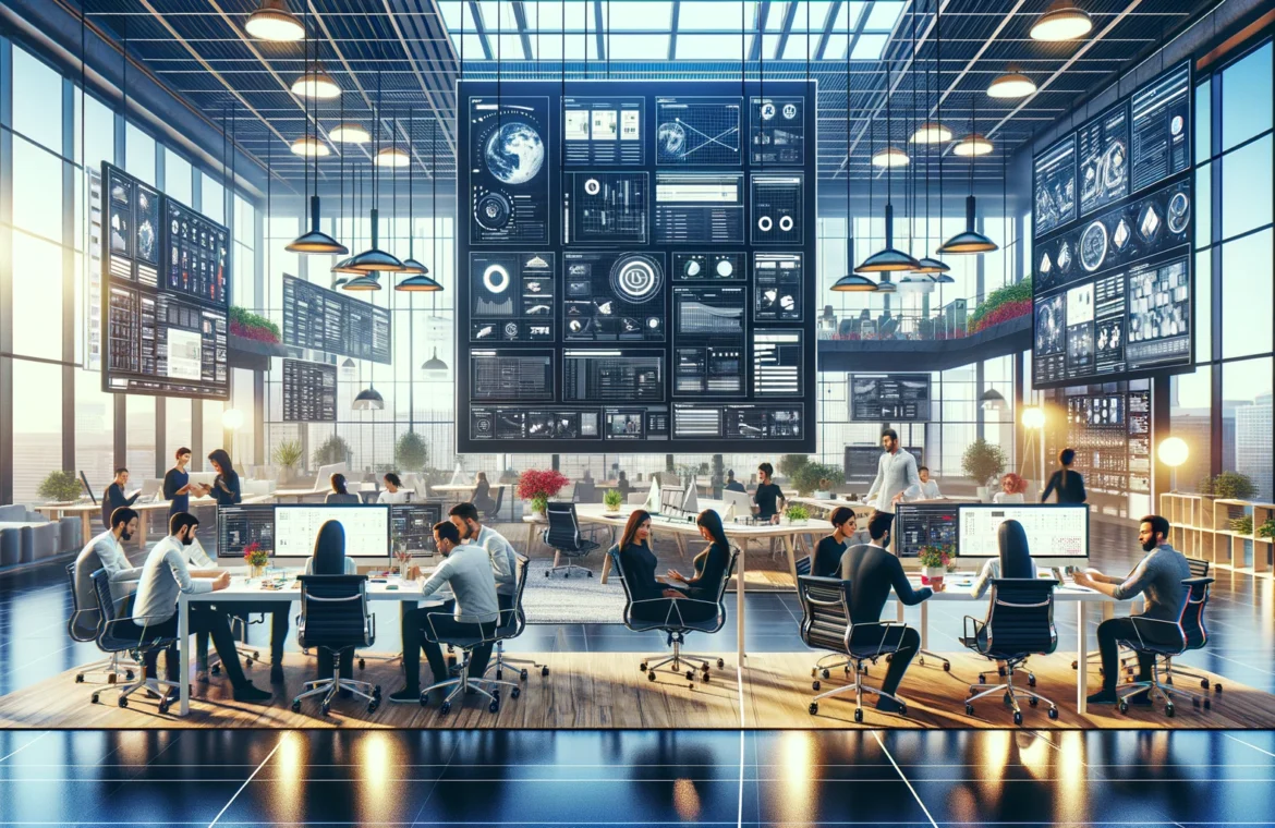 A hyper-realistic image of BERMUDA DEV GROUP professionals working on UX/UI design in a modern office with floor-to-ceiling windows and advanced technology.