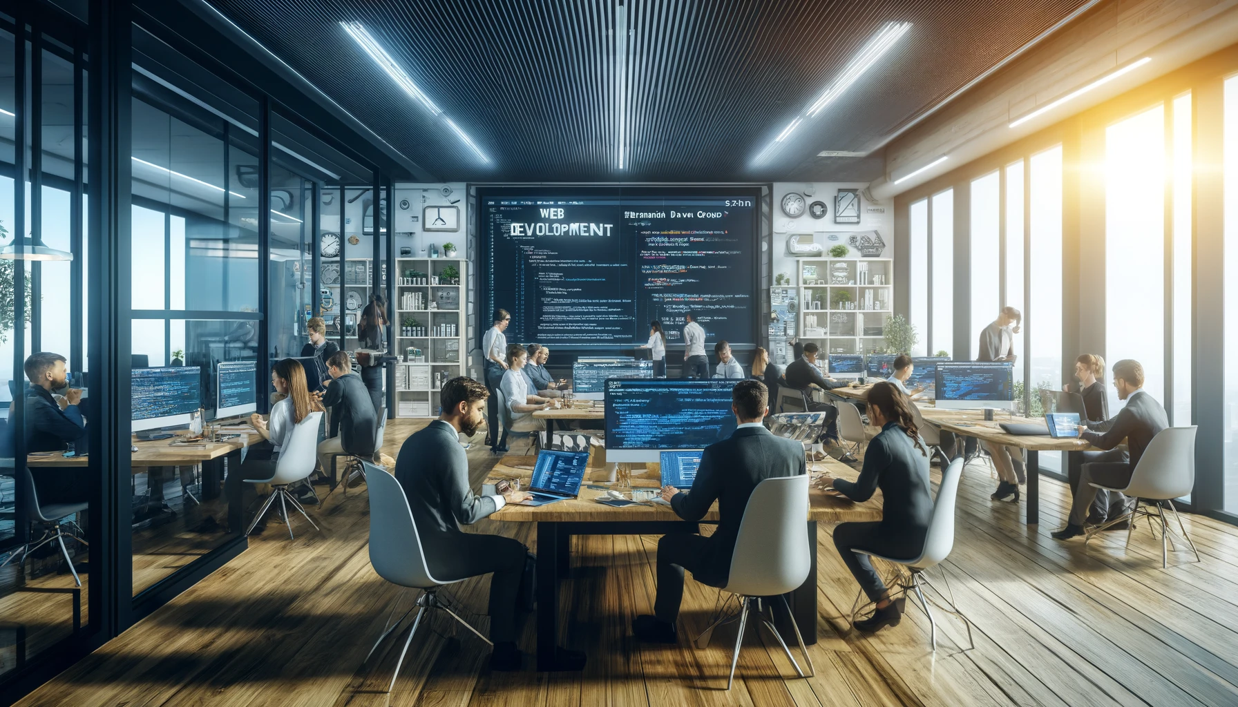 A hyper-realistic image of professionals at BERMUDA DEV GROUP working on web development in a modern office, engaged in coding and discussing responsive design and e-commerce solutions.