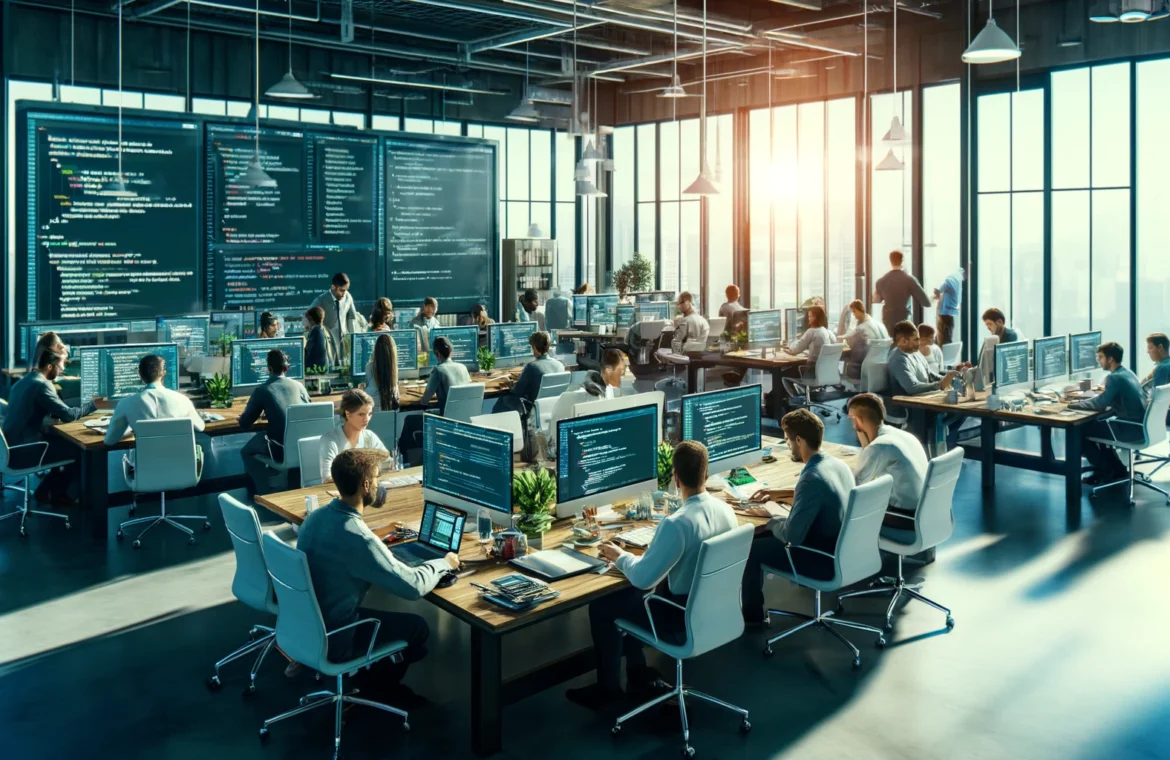 A hyper-realistic image of BERMUDA DEV GROUP professionals collaborating on web development in a modern office with floor-to-ceiling windows and advanced technology.